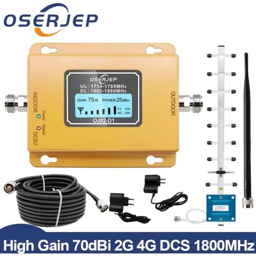 GSM LTE 1800 LCD 70dB 2g 4g Cell Phone Signal Repeater DCS 1800MHz Mobile Amplifier GSM Signal Booster + Yagi /Rubber Antenna
