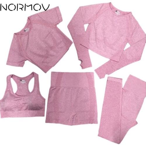 NORMOV 5Pcs Gym Set Women Seamless Workout Clothes Breathable Gym Clothing Athletic Jogging Push Up Yoga Set