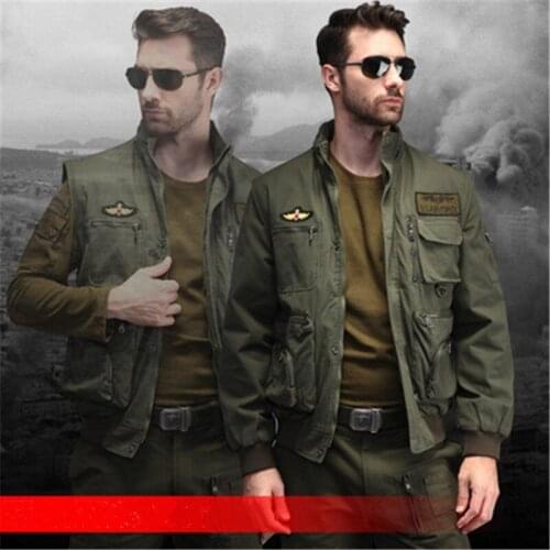 Spring Autumn Winter Removable Sleeve Flight Jacket Army Fan Green Mens Multi-pocket Stand Collar Coat Outdoor Military Clothes