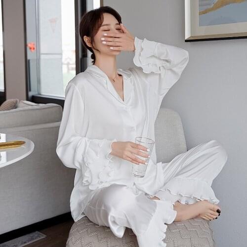 Turn-Down Collar Novelty Women Home Clothing Intimate Lingerie Sexy White Pajamas Suit Nightwear Satin Sleep Set Nightgown