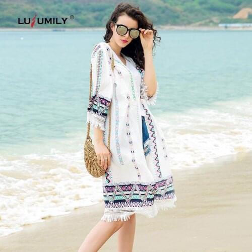 Lusumily New Arrials Womens Kimono Cardigan Geometric Print Beach Wear Tops Fringed Tassels Loose Jacket Women Outerwear Blouse