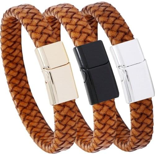 New Luxury Men Bracelets 3 Colors Stainless Steel Accessories Leather Combination Male Bangle Handwoven Bracelet Birthday Gift