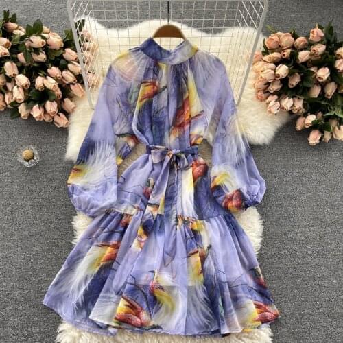 Trendy Spring Autumn Women Clothing Bird Print Vintage Elegant Chiffon Dress Stand Collar 3/4 Sleeve Loose Dress With Belt