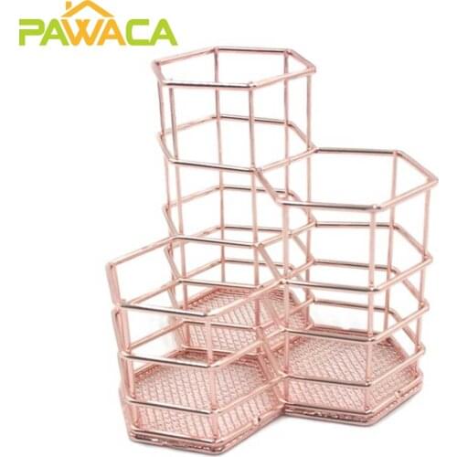 Hollow Rose Gold Pencil Holder Rack Makeup Brushes Storage Basket Mesh Wire Pen Cup Container Desk Tidy Home Office Organizer