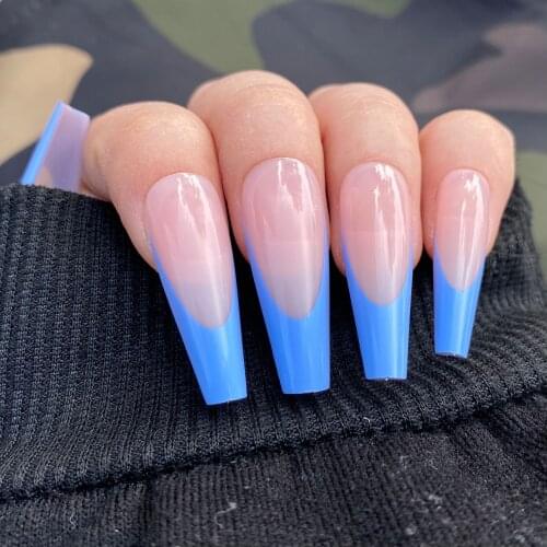 20pcs/Set Simple French False Nails Blue Wine Red European Long Ballerina Nail Art Tips with Glue Acrylic Salon Nail Accessories