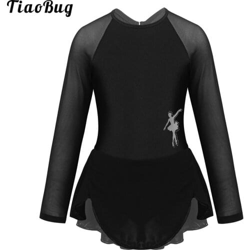 Summer Kids Long Sleeves Tulle Splice Gymnastics Leotard Girls Ballet Figure Skating Dress Child Stage Performance Dance Costume