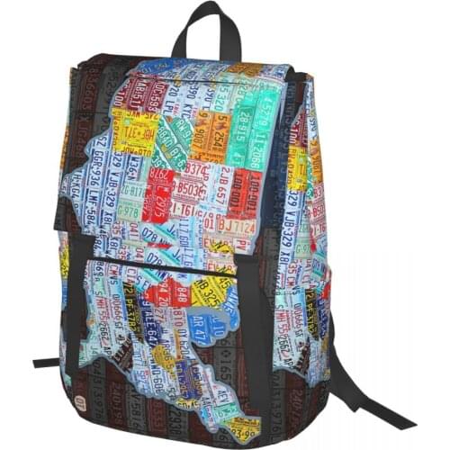 Map Of The United States In Vintage License Plates On American Flag Backpack for Girls Boys Travel Rucksack for school bag