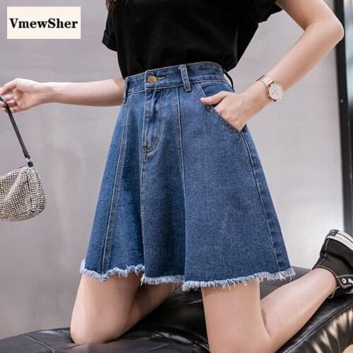 VmewSher New Plus Size 5XL Casual Denim Mini Skirt Women Summer High Waist Harajuku a Line Short Jean Skirt Blue Fashion Raw Hem