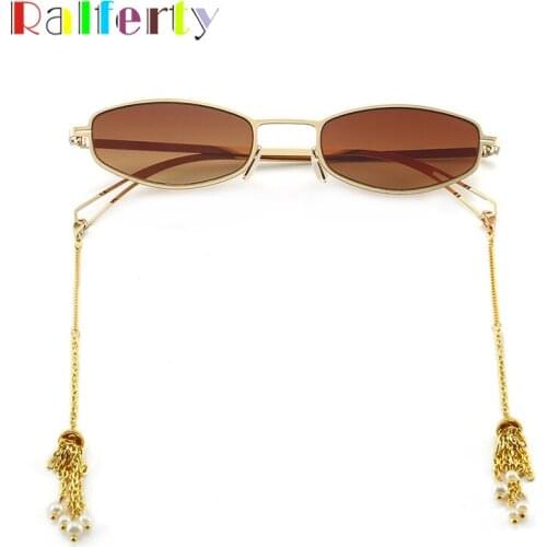 Ralferty Vintage Small Womens Sunglasses Designer 2019 High Quality With Tassel Chain Sun Glasses Ladies Zonnebril Dames C731