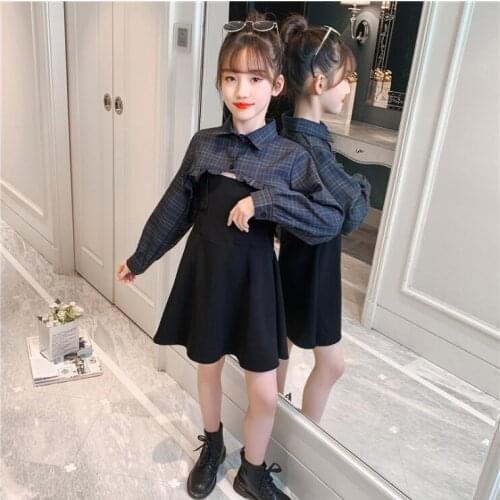 2021 Korea style girls 2 pcs set plaid shirt+vest dress fashion autumn girls suit 4-9t B704