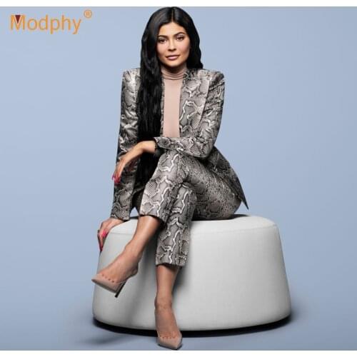 2021 Winter New Sexy Snake Pattern Women Set Blazer Jacket & Pants 2 Two-Piece Suit Celebrity Runway Evening Party Pants Sets