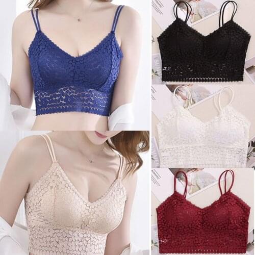Women Lace Solid Color Padded Vest Base Wire Free Bras Fixed Shoulder Strap Flower Hollow Out One Size Non-adjusted Strap Bra