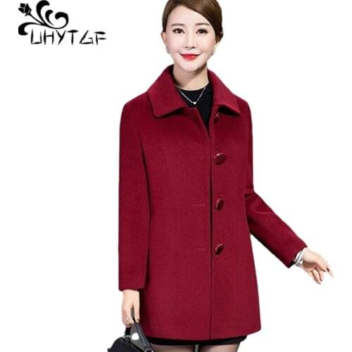 UHYTGF Elegant Mother Autumn Winter Woolen Coat Single-Breasted Slim 5XL Plus SizeJacket Solid Color Casual Women Outerwear 1165