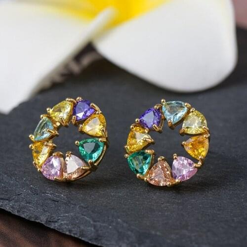 Gold Copper Round Multicolor AAA Cubic Zirconia Stud Earrings Fashion Jewelry Earring Female Wedding Party Gift Womens jewelry