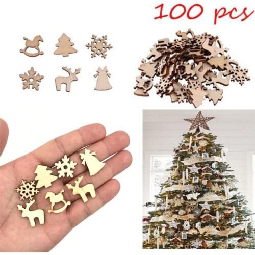 100Pcs/Pack Natural Wooden DIY Cartoon Christmas Tree Ornaments Pendant Gifts Xmas Tree Snow Flakes Home Decoration