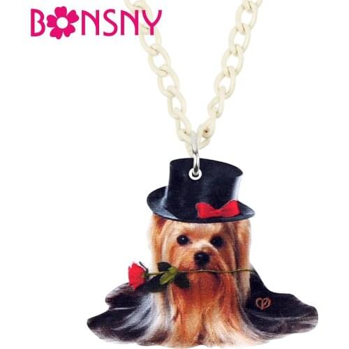 Bonsny Acrylic Top Hat Rose Yorkshire Terrier Dog Necklace Pendant Chain Collar Fashion Jewelry For Women Girls Gift Decoration