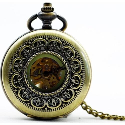 Bronze Hollow Out Flower Type Analog Skeleton Steampunk Mens Hand Winding Mechanical Pocket Watch