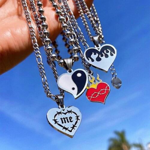 Harajuku Love Tai Chi Flame Heart Metal Pendant Necklace for Women Men Punk Cool Party Couple Gifts Vintage Trendy Jewelry New