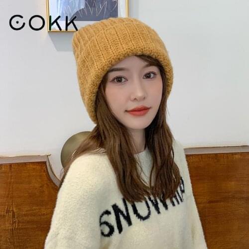 COKK Winter Hats For Women Knitted Beanie Bonnet Outdoor Thick Warm Korean Fashion Winter Baggy Cap Female Solid New 2021 Autumn