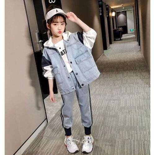 Best Quality Stripe Stitched Girls Hooded Jacket Denim Suit Casual Coat and Jeans Childrens 2Pcs Set Spring Autumn Outfits