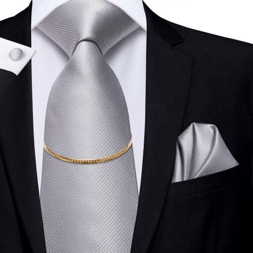 Hi-Tie Mens Ties Grey Luxury Handkerchief Cufflinks Set 100% Silk Fashion With Accessories Chain Ties for Men Classic Business