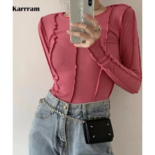 Karrram Korean Style Long Sleeve Top Bodycon Tshirt Women Blue Slim T Shirt Spring 2021 Designer Clothes Solid E Girl Tee Shirt