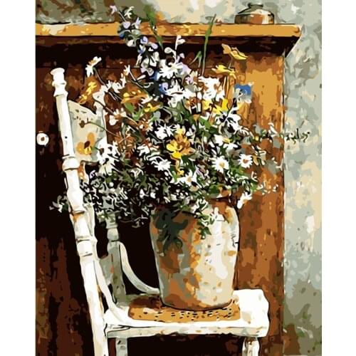 Painting By Numbers DIY Dropshipping 40x50 50x65cm White chair with vases and Flower Canvas Wedding Decoration Art picture Gift