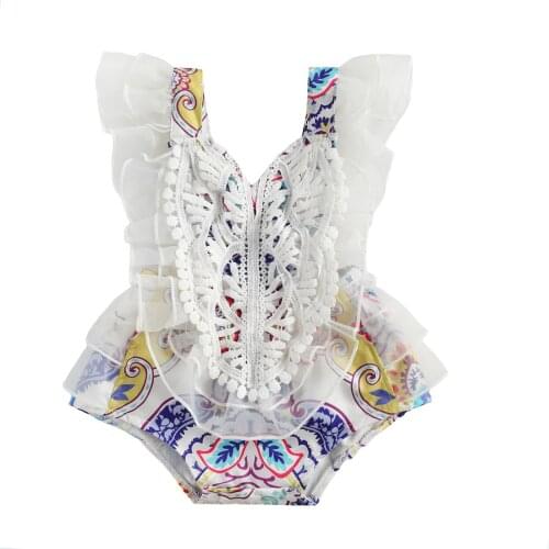 Summer Princess Newborn Baby Girls Rompers Lace Flowers Print Ruffles Sleeveless Backless Jumpsuits 0-24M