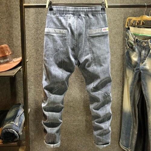 2021 Autumn Mens Jeans Fashion Patchwork Corduroy Denim Harem Pants Vintage Lace Up Elastic Waist Loose Straight Trousers Male