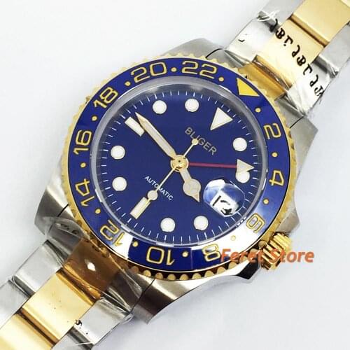 40MM Bliger Golden Plated steel Case Blue Dial GMT Function Ceramic Bezel Sapphire Glass Automatic Movement Mens Wrist Watch