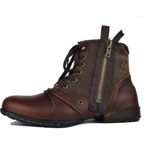 Plus Size Vintage Zipper Mens Work Boots High Quality Round Toe Genuine Leather Ankle Boots Casual Riding Boots Zapatos Hombre