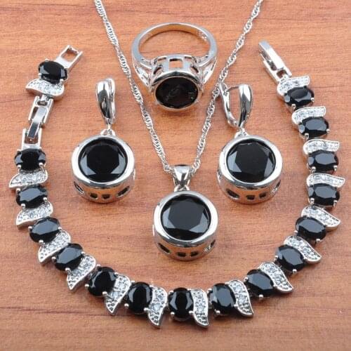 Newst Bridal Wedding Jewelry Set Silver Color Women Fashion Costume Natural Black Cubic Zirconia Round Accessories Js0146
