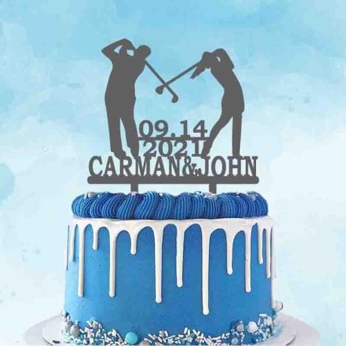 Personalized Golf Wedding Cake Topper Custom Mr Mrs Name Wedding Date Mr & Mrs Playing Golf Golfers Wedding Cake Topper
