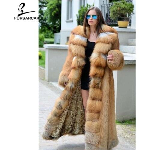 FURSARCAR Luxury 2020 Real Fox Fur Coat Womens Winter 130 CM Long Gold Fox Fur Jacket With Big Down Collar Thick Warm Fur