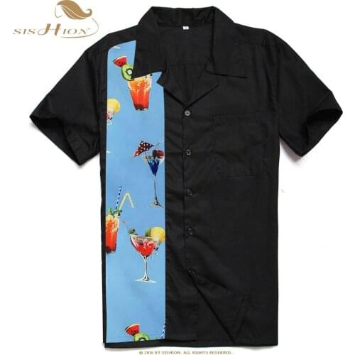 SISHION Vintage Retro Cotton Cocktail Print Men Short Sleeve Shirt ST110 Patchwork Men Black Summer Shirts mens clothing
