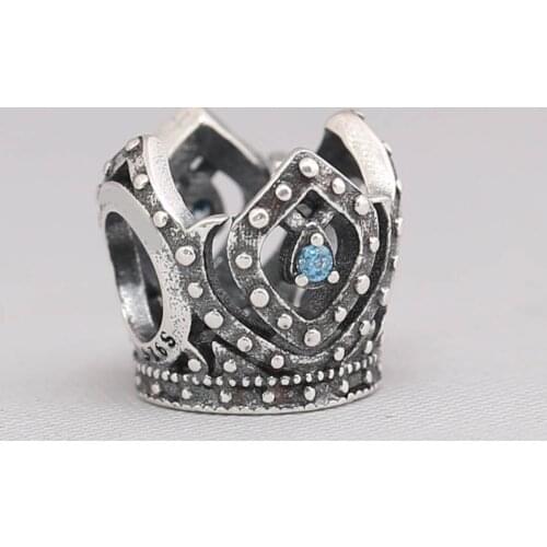 Authentic S925 DIY Jewelry Princess Crown Charm fit Lady Bracelet Bangle Lady Gift Bead Blue CZ