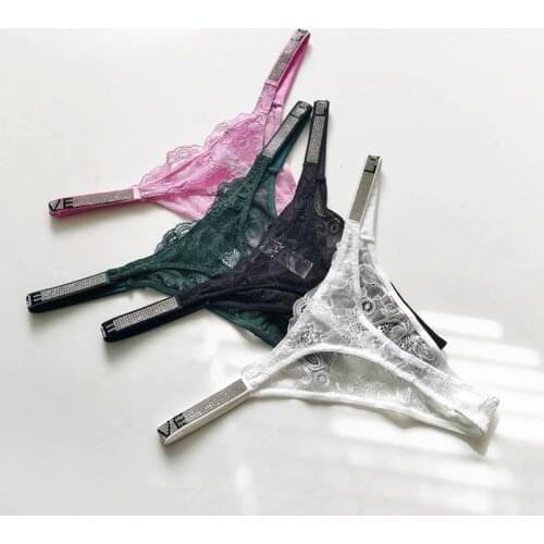 SP&CITY Shiny Rhinestone Lace Thongs Transparent Womens Underwear Thin Hollow Out Sexy Panties Low Waist Seamless Briefs String