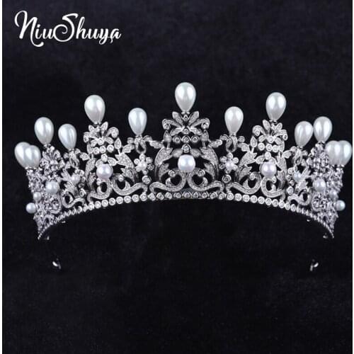 NiuShuya New Princess Queen Full Zircon Tiaras Crowns for Brides Pearls Wedding Hairbands Crystal Wedding Dress Hair Accessories