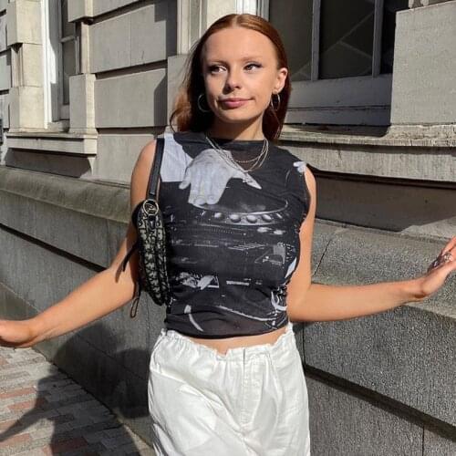 Street Womens Wear Cool Abstract Palm Print Gauze Crop Top New Summer Clothing Womens Wear Tank Top