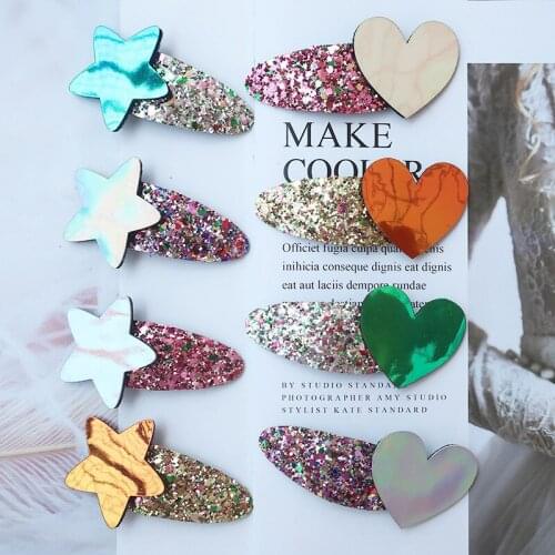 Boutique ins 24pcs Fashion Cute Laser Star/Love Snap Clips Solid Glitter Barrettes Hairpins Princess Headwear Hair Accessories