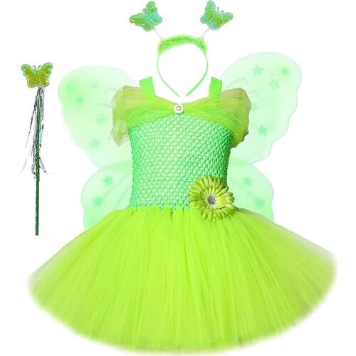 Green Fairy Girls Tutu Dress with Butterfly Wings Birthday Princess Dresses for Kids Christmas Costume Baby Girl New Year Outfit