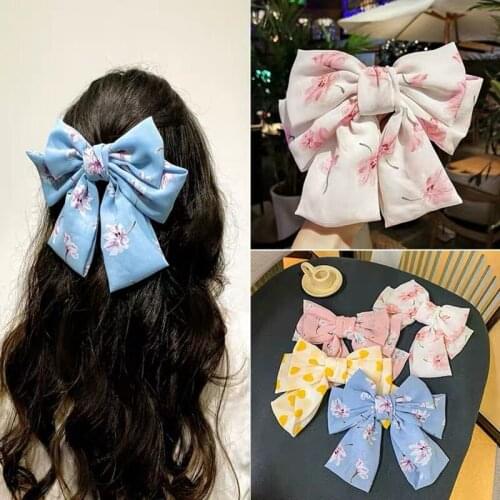 1PC Women Chiffon Floral Printed Barrettes Oversized Bow Hair Clips Three Layers Hairpins Spring Clips Hair Accessories Headwear