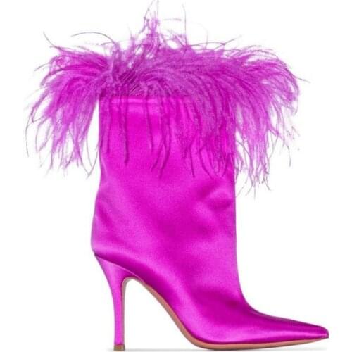 US4-12 Womens Pointy Toe Silk Satin Feather Fur Furry Ankle Boots Stilettos High Heel Pull On Shoes Leather Black Pink Plus Size