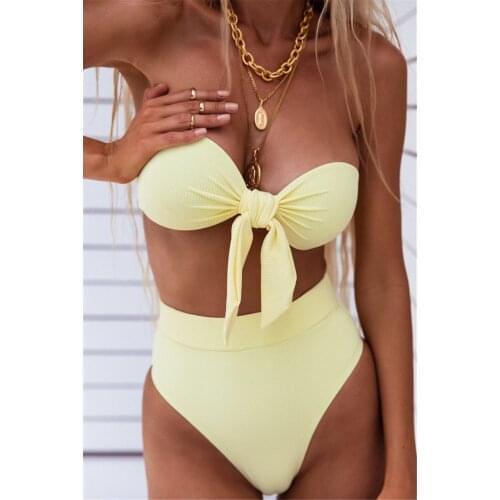 Off Shoulder Bikini Woman Swimsuit Solid Sexy Brazilian Bikini Mujer 2021 Bow Bath Suit Swimwear Women Summer Beachwear Biquini