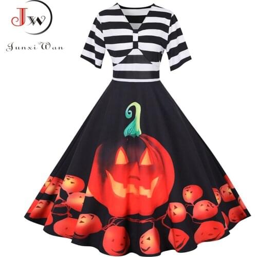 Women Pumpkin Print Halloween Dress Short Sleeve V Neck Vintage Casual Plus Size Party Dresses Elegant Striped A-Line Vestidos