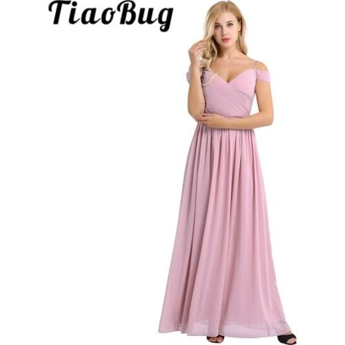 Women Lady Chiffon Off The Shoulder Pleated Deep V Neck Long Bridesmaid Dress Prom Gown Women Gorgeous Long Wedding Party Dress
