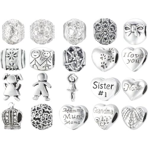 1pc Silver Color Bead Charm European Love Heart Crown Boy Dog Paw Family Fashion Bead Fit Brand Bracelet Accessories