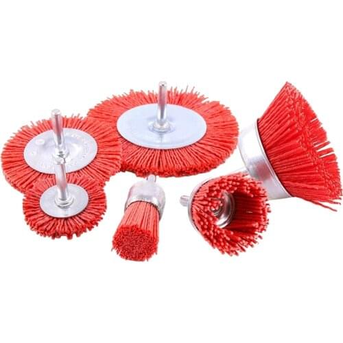 5Pcs Abrasive Wire Bowl Brush Flat Brush and Brush Set, Used for Drill Bit Rotary Tool Wood Polishing 6mm Handle
