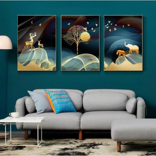 Abstract Golden Deer Canvas Painting Wall Art Landscape Deer Animal Posters and Prints Modern for Living Room Decoration