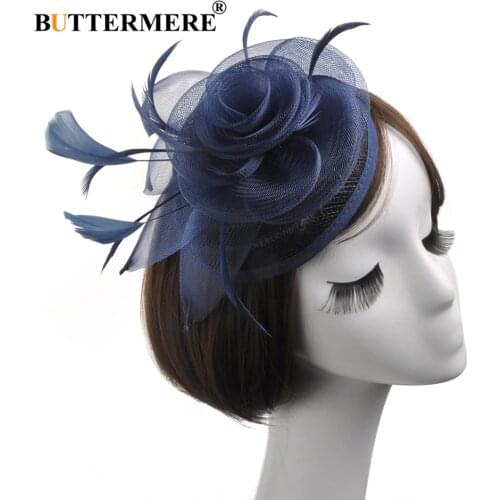 BUTTERMERE Linen Fedoras Hat Women Navy Blue Wedding Hats Ladies Elegant Fascinators Flower Feather Party Designer Fedoras Cap